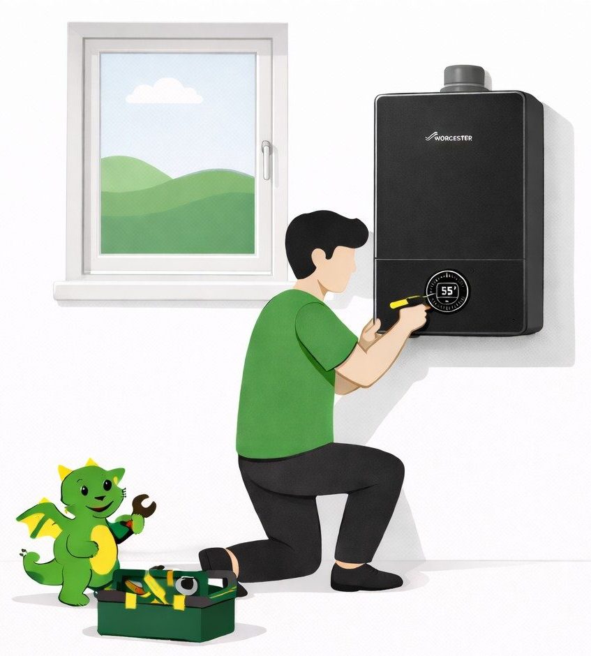 Green Dragon Heating engineer servicing a Worcester boiler with dragon mascot
