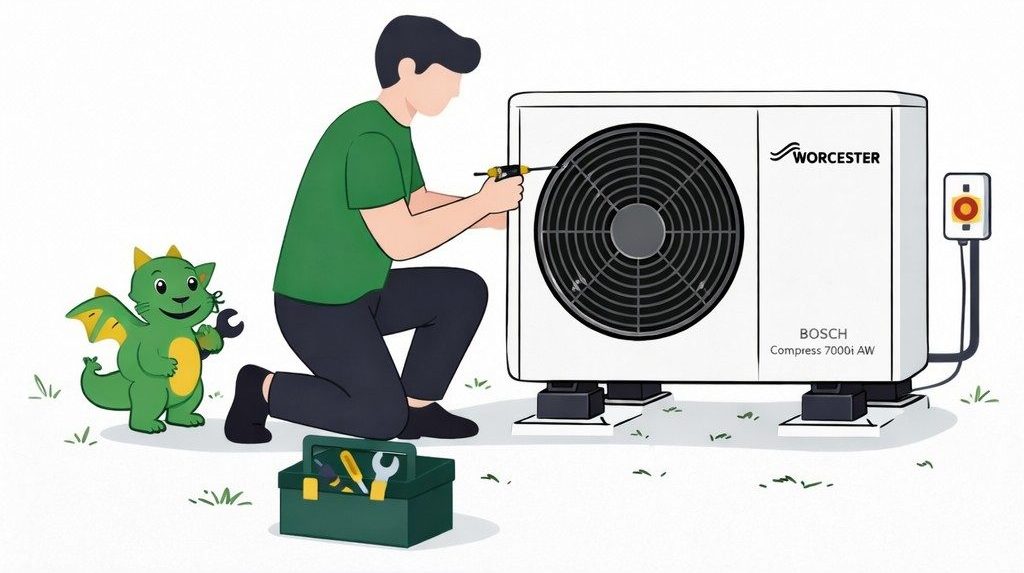 Green Dragon Heating engineer installing a Worcester air source heat pump