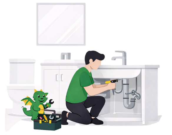 Green Dragon Heating plumber repairing bathroom pipework with dragon mascot